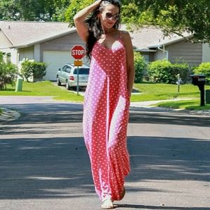 Coral Polka Dots Maxi Dress w/Pockets. M/L/XL